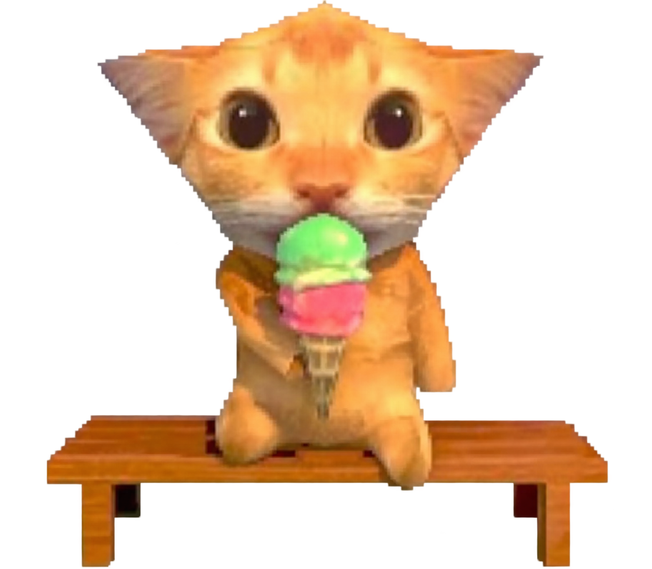 The PolyCat: a low-poly cat holding an ice cream cone on a wooden bench